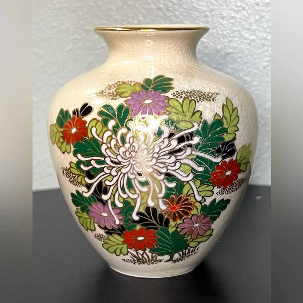 Vintage Otagiri Kutani Ware Ceramic Japanese Floral Vases & Ginger Jar 3 Pc Set